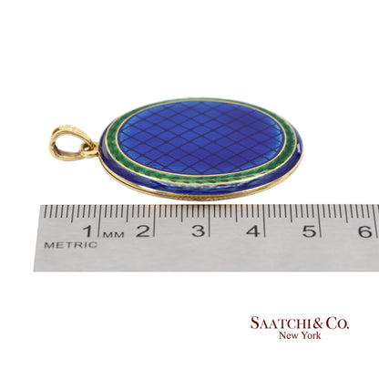 Vintage 18K 750 Yellow Gold Royal Blue & Green Enamel Locket Pendant Necklace