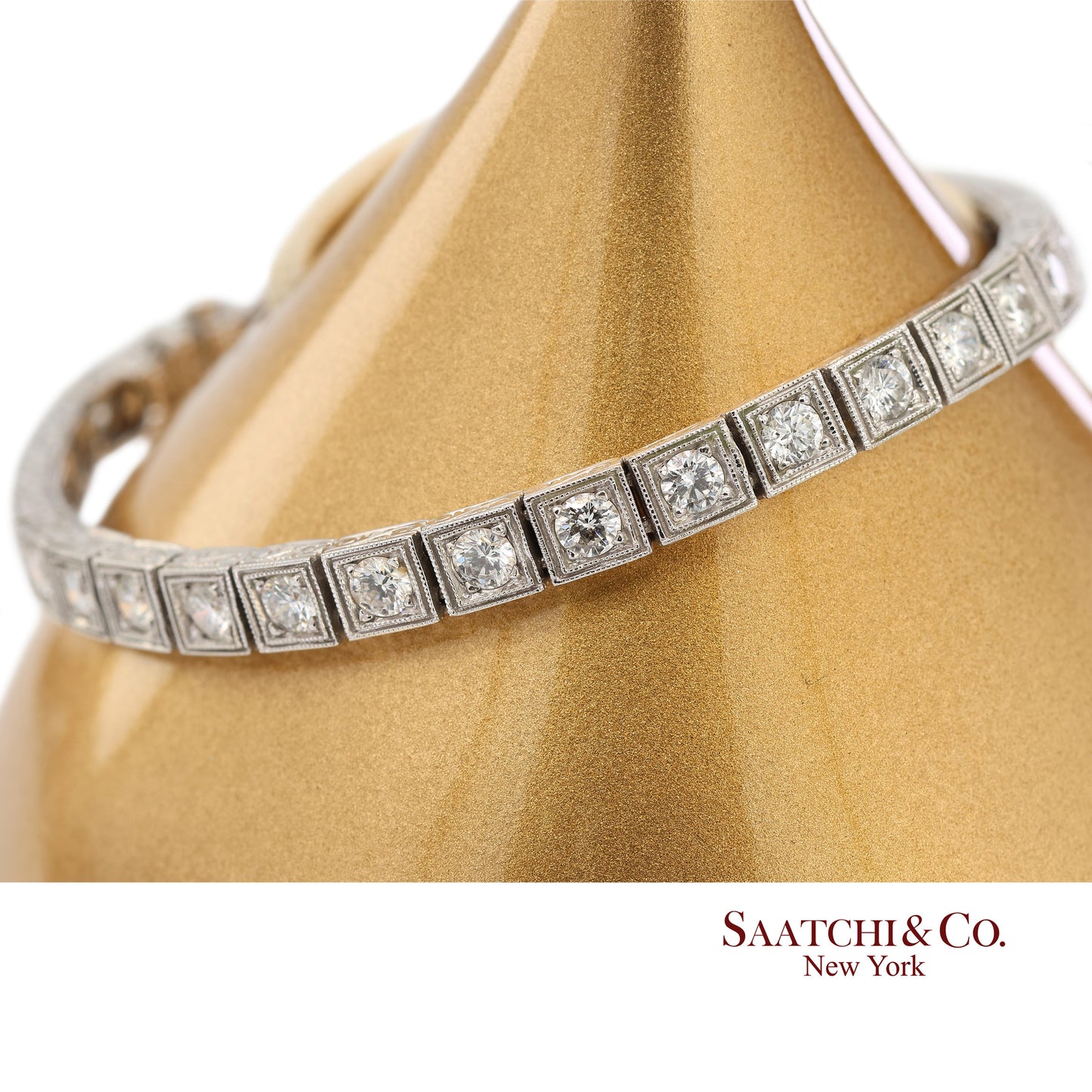 Vintage 18K 750 White Gold Natural Diamond Engraved & Milgrain Tennis Bracelet