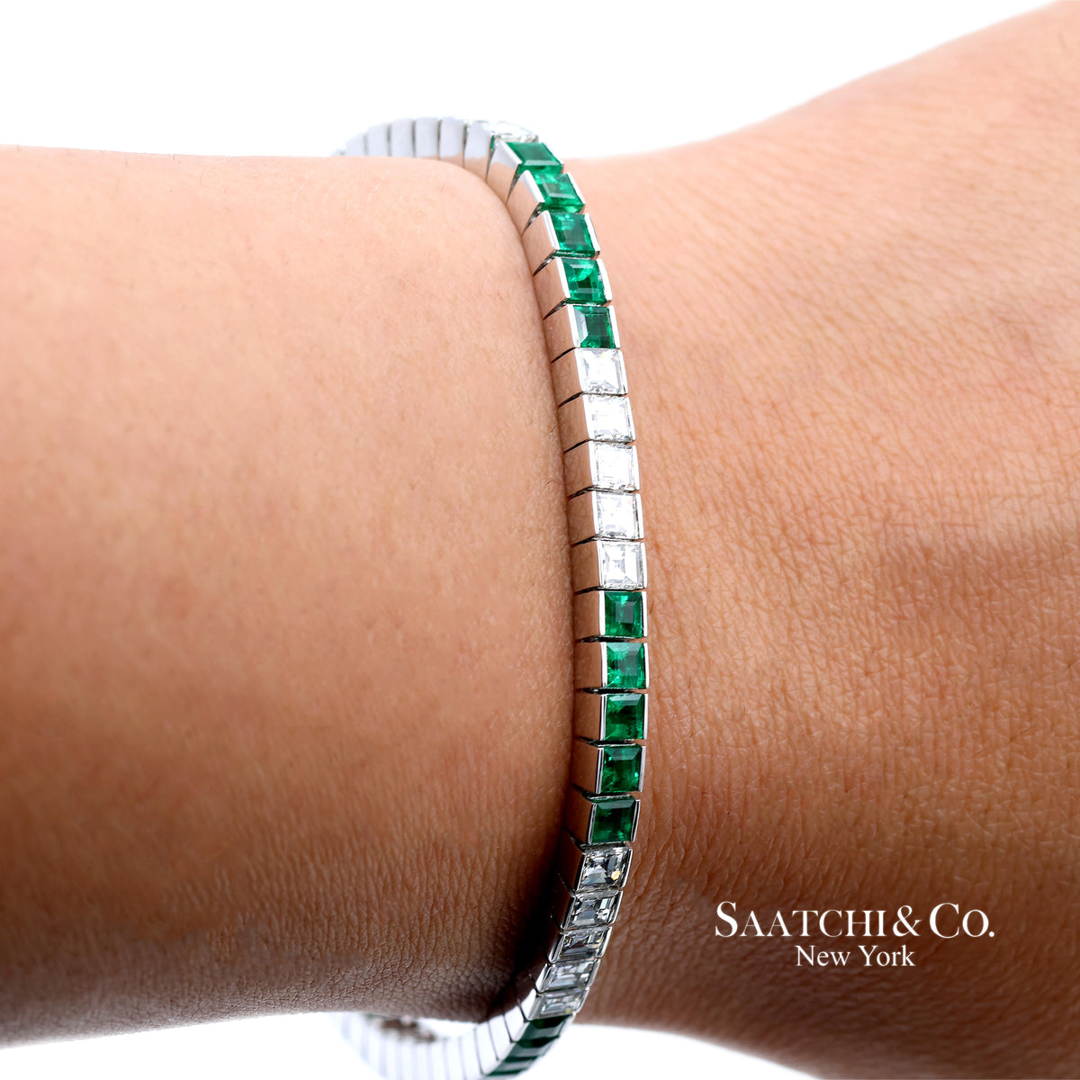 Platinum 950 Custom Made Natural Diamond and Emerald Bezel Tennis Bracelet