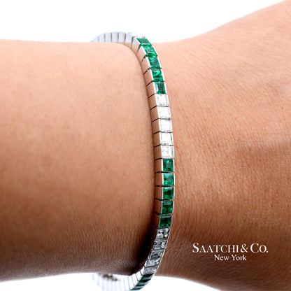 Platinum 950 Custom Made Natural Diamond and Emerald Bezel Tennis Bracelet