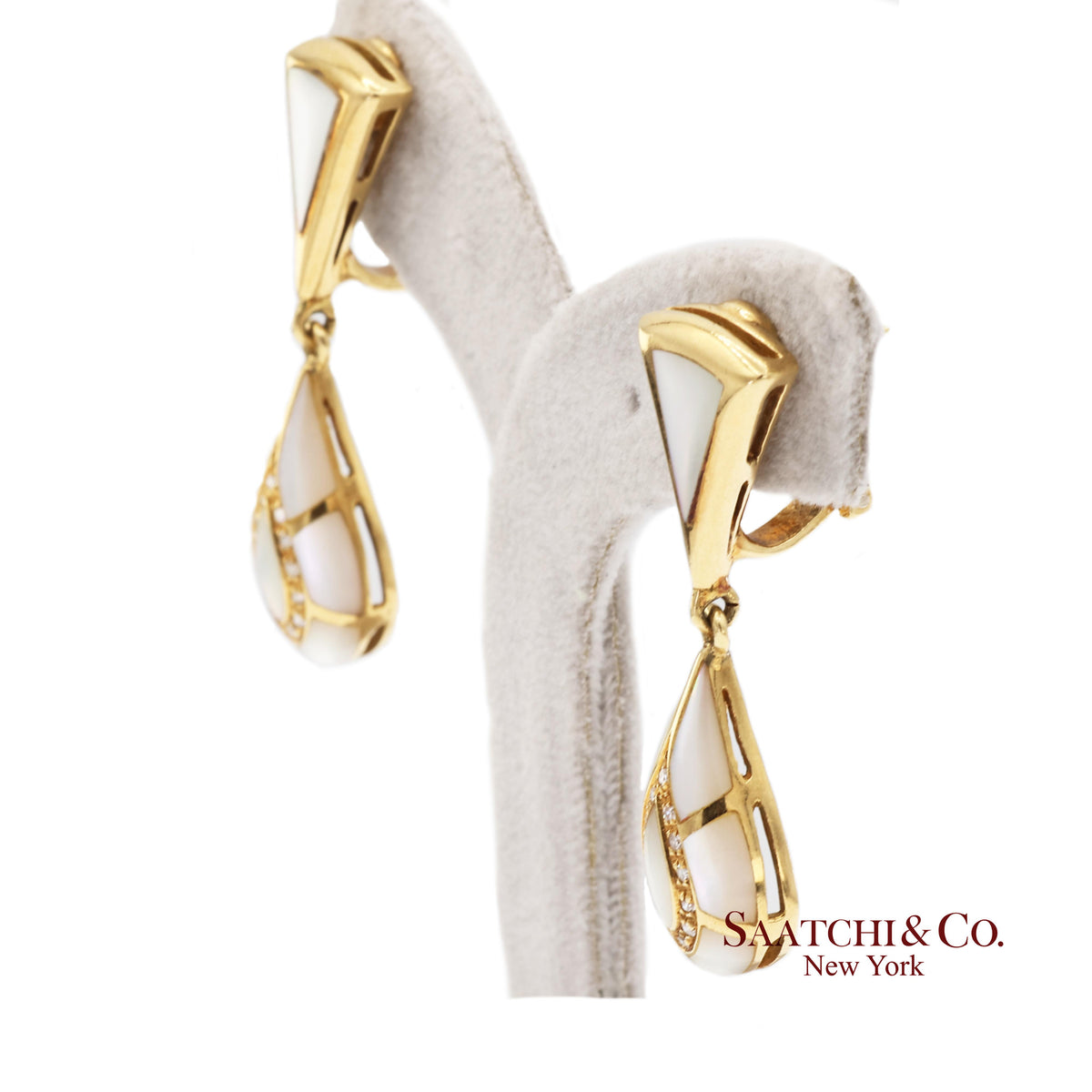 18K Yellow Gold 0.50 ct Natural Diamond and Mother of Pearl Omega Back Earrings