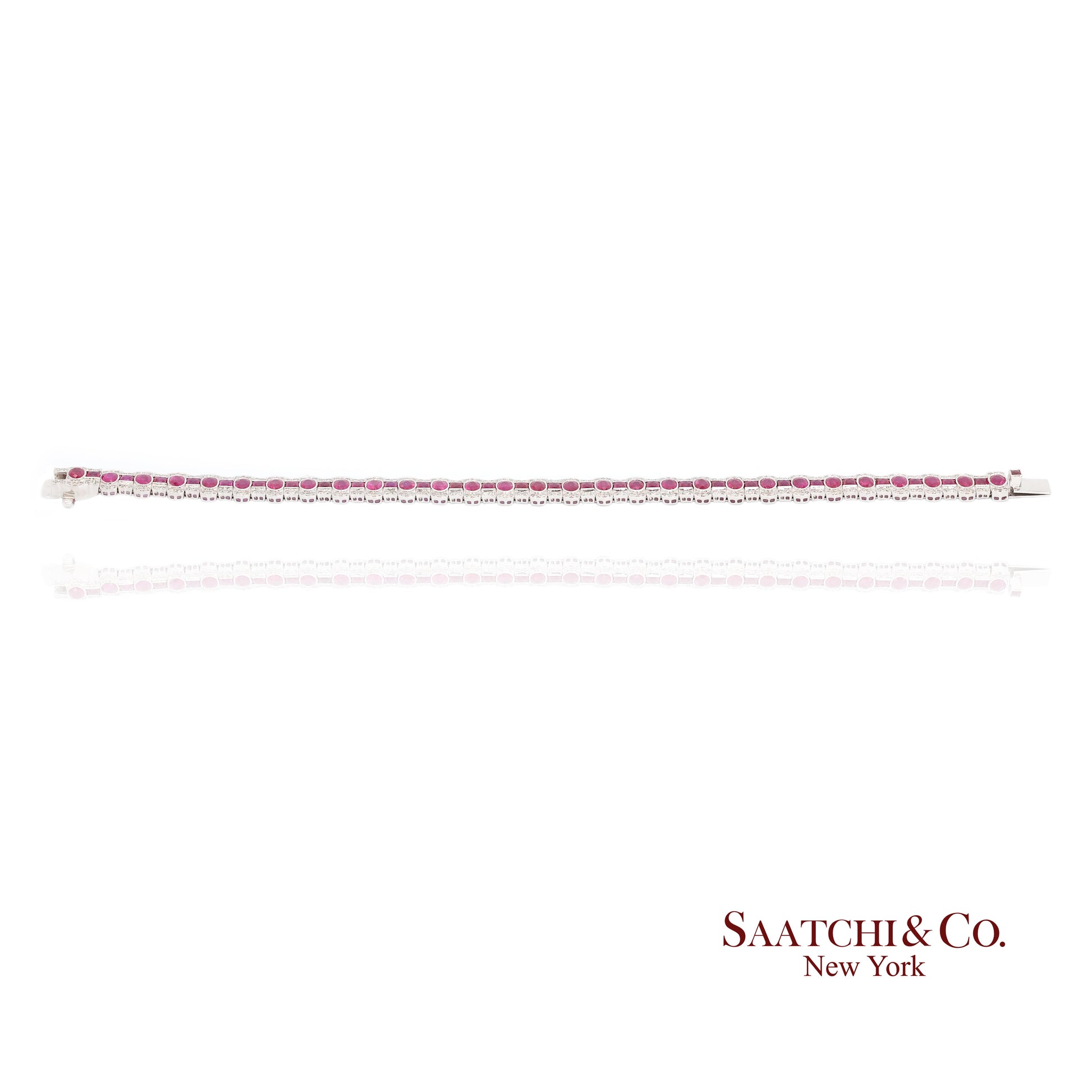14K White Gold Natural Ruby Diamond Tennis Bracelet Milgrain Setting