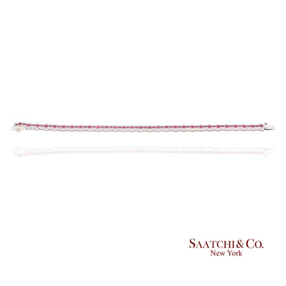14K White Gold Natural Ruby Diamond Tennis Bracelet Milgrain Setting