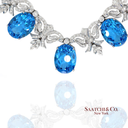 10K White Gold Natural Diamond Royal Blue Topaz Elegant Necklace