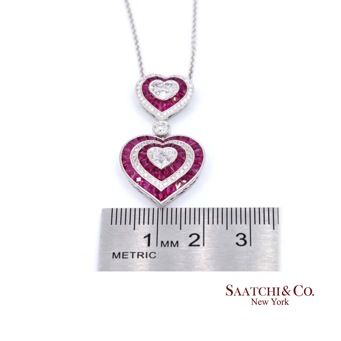 GIA Platinum 950 Double Heart Natural Burma Ruby Milgrain Pendant Necklace