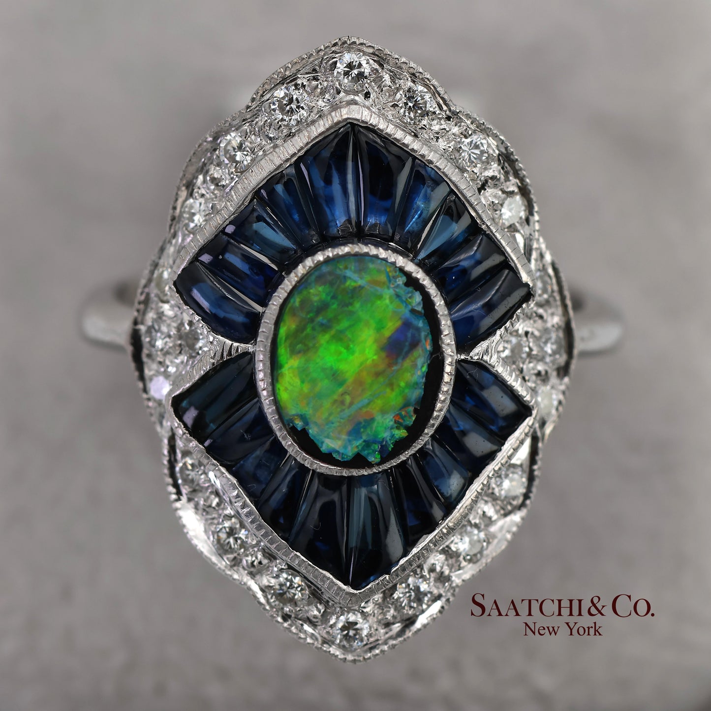 18K(750) Solid White Gold Natural Diamond Sapphire and Opal Ring