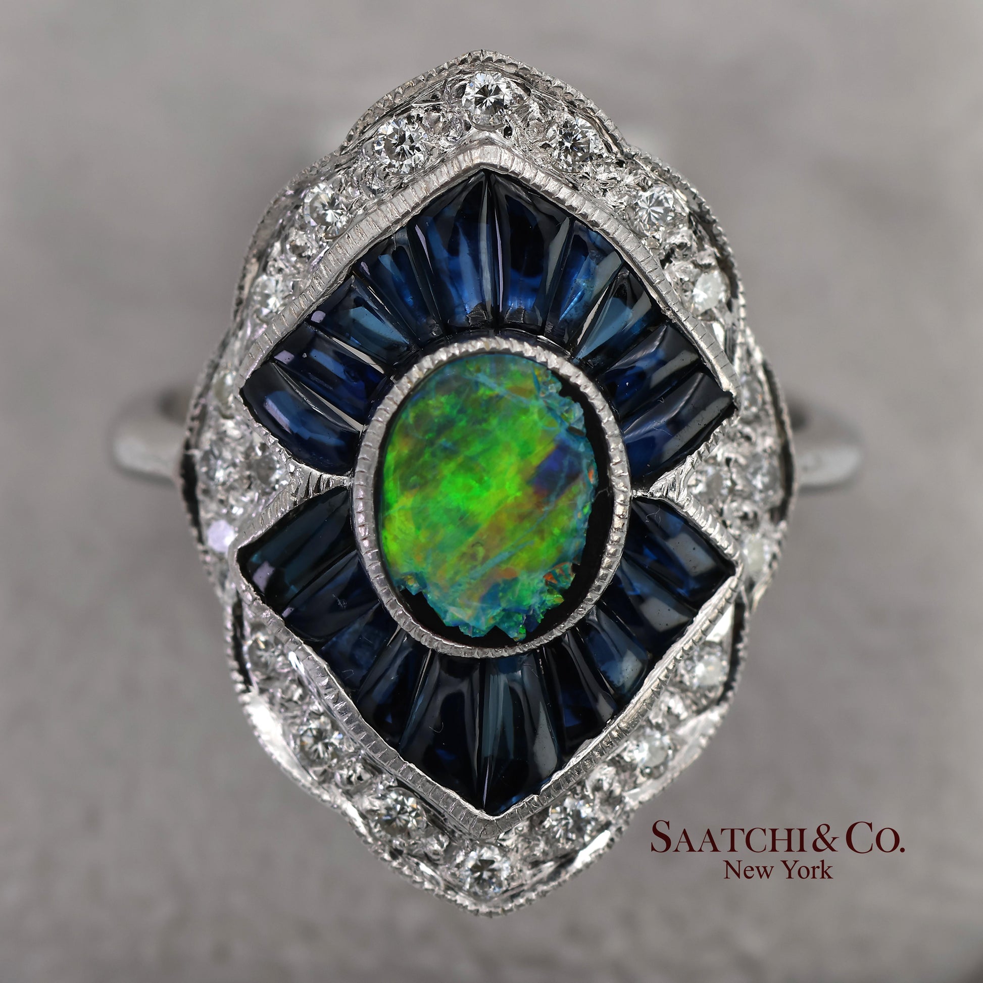 18K(750) Solid White Gold Natural Diamond Sapphire and Opal Ring