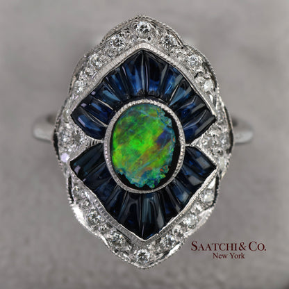 18K(750) Solid White Gold Natural Diamond Sapphire and Opal Ring