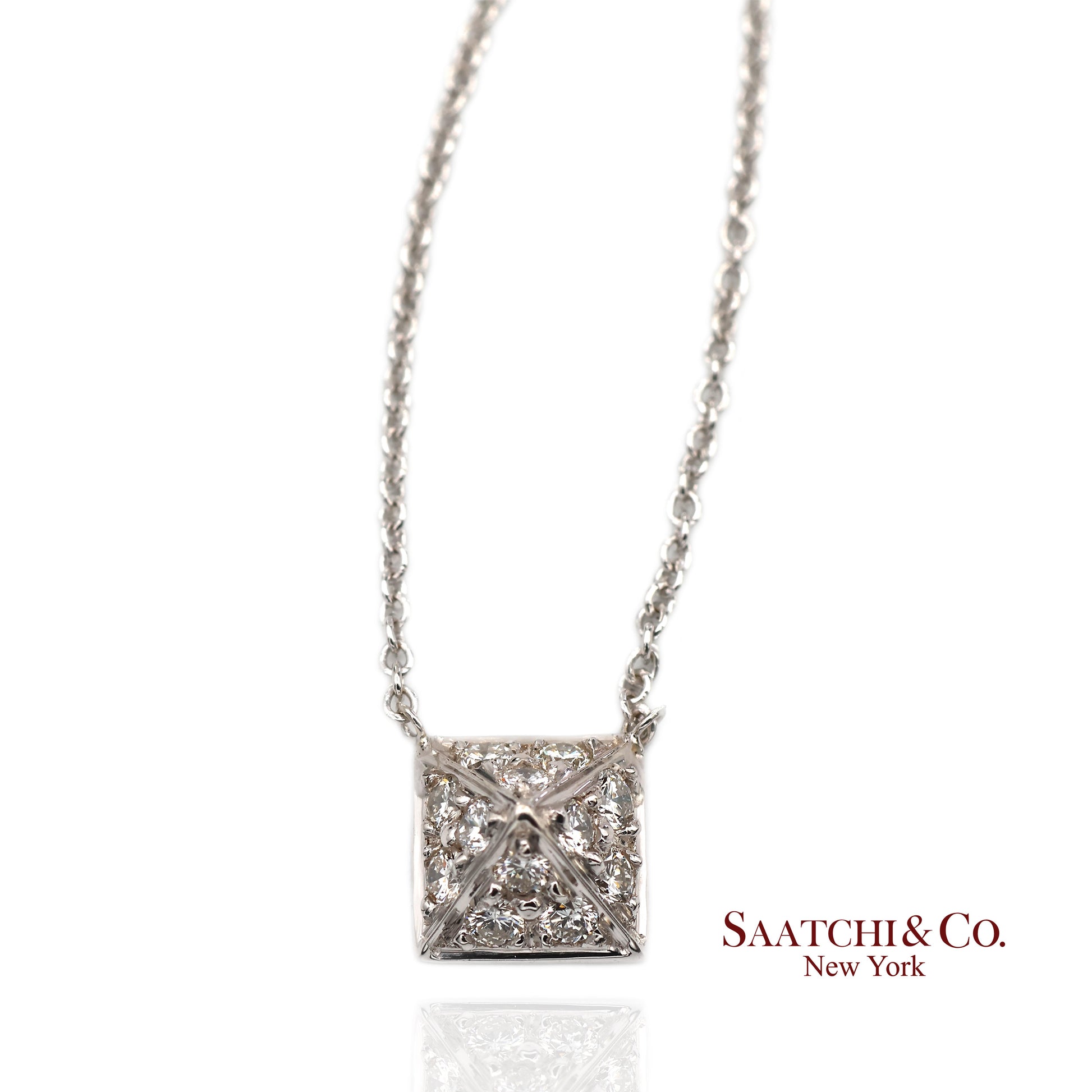 18K(750) White Gold Natural Diamond Square Shape Pendant Necklace with Chain