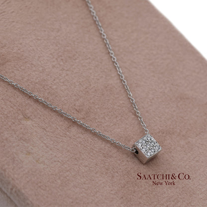 18K(750) White Gold Natural Diamond Square Box Shape Pendant Necklace with Chain