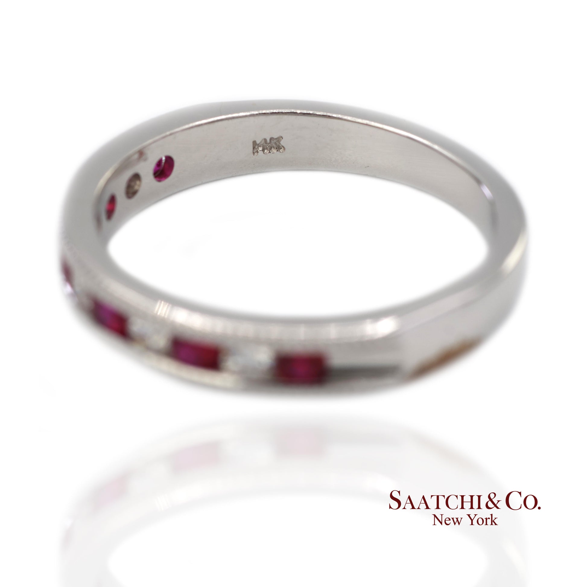 14K (585) Solid White Gold Natural Diamond and Ruby Half Band Ring