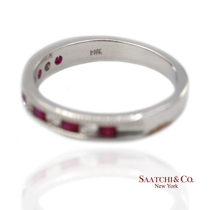14K (585) Solid White Gold Natural Diamond and Ruby Half Band Ring