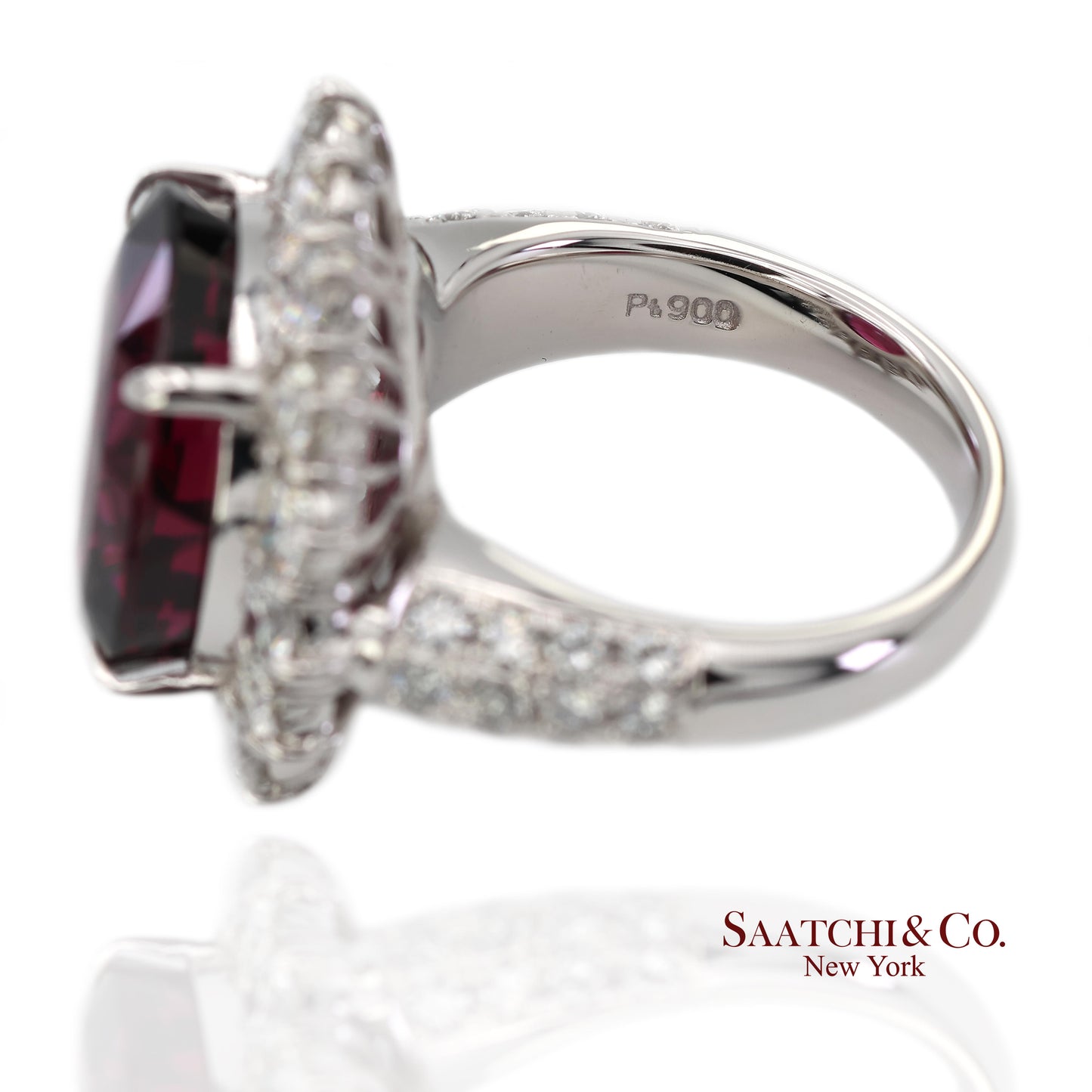 GIA Certified Solid Platinum 900 Natural Diamond and Natural Garnet Ring