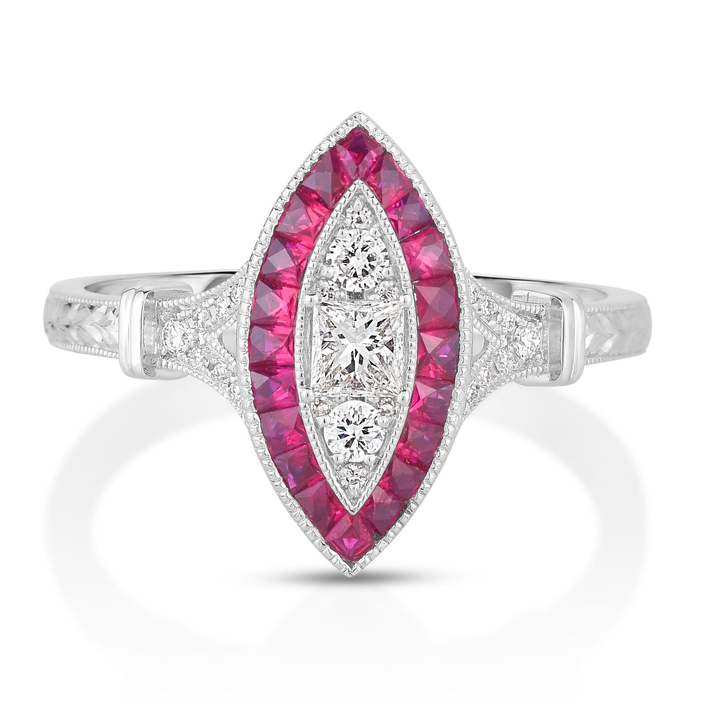 18K (750) White Gold Natural Diamond and Marquise Ruby Milgrain Ring