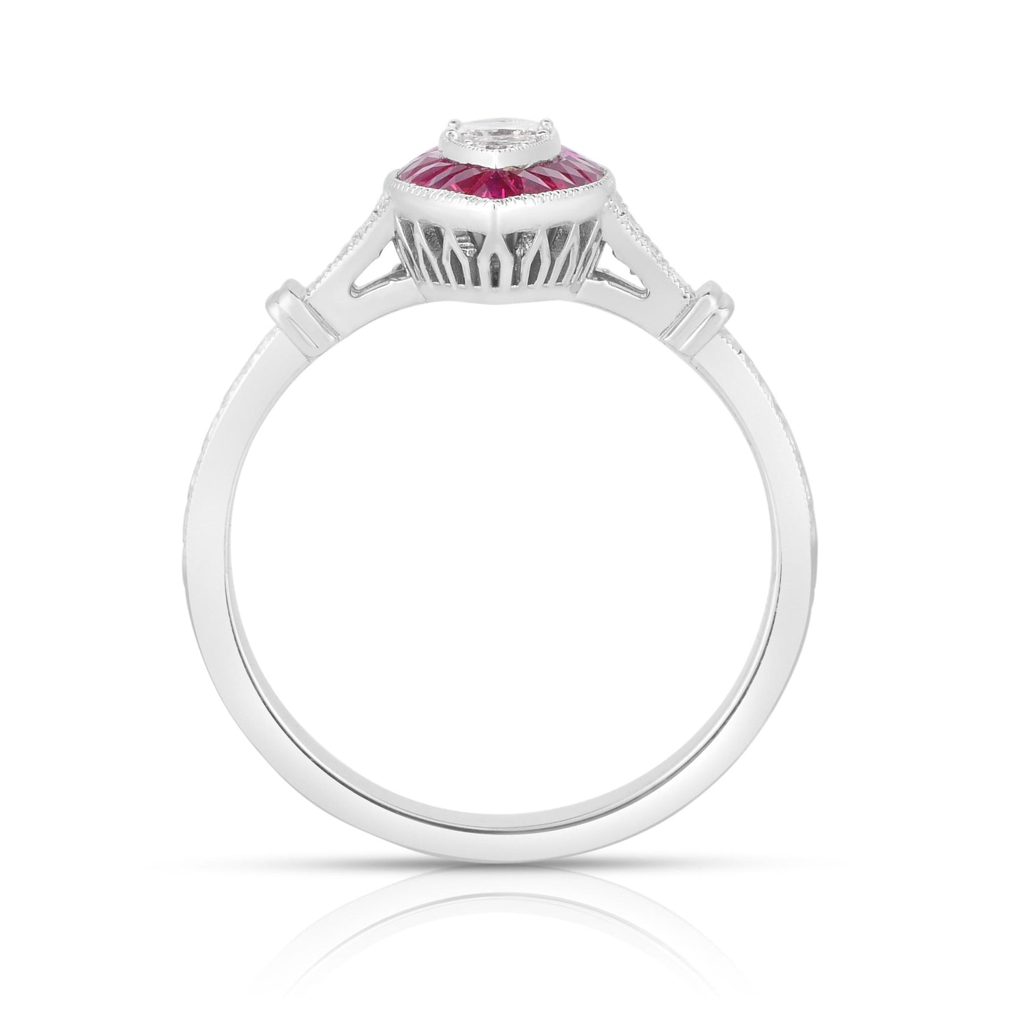 18K (750) White Gold Natural Diamond and Marquise Ruby Milgrain Ring