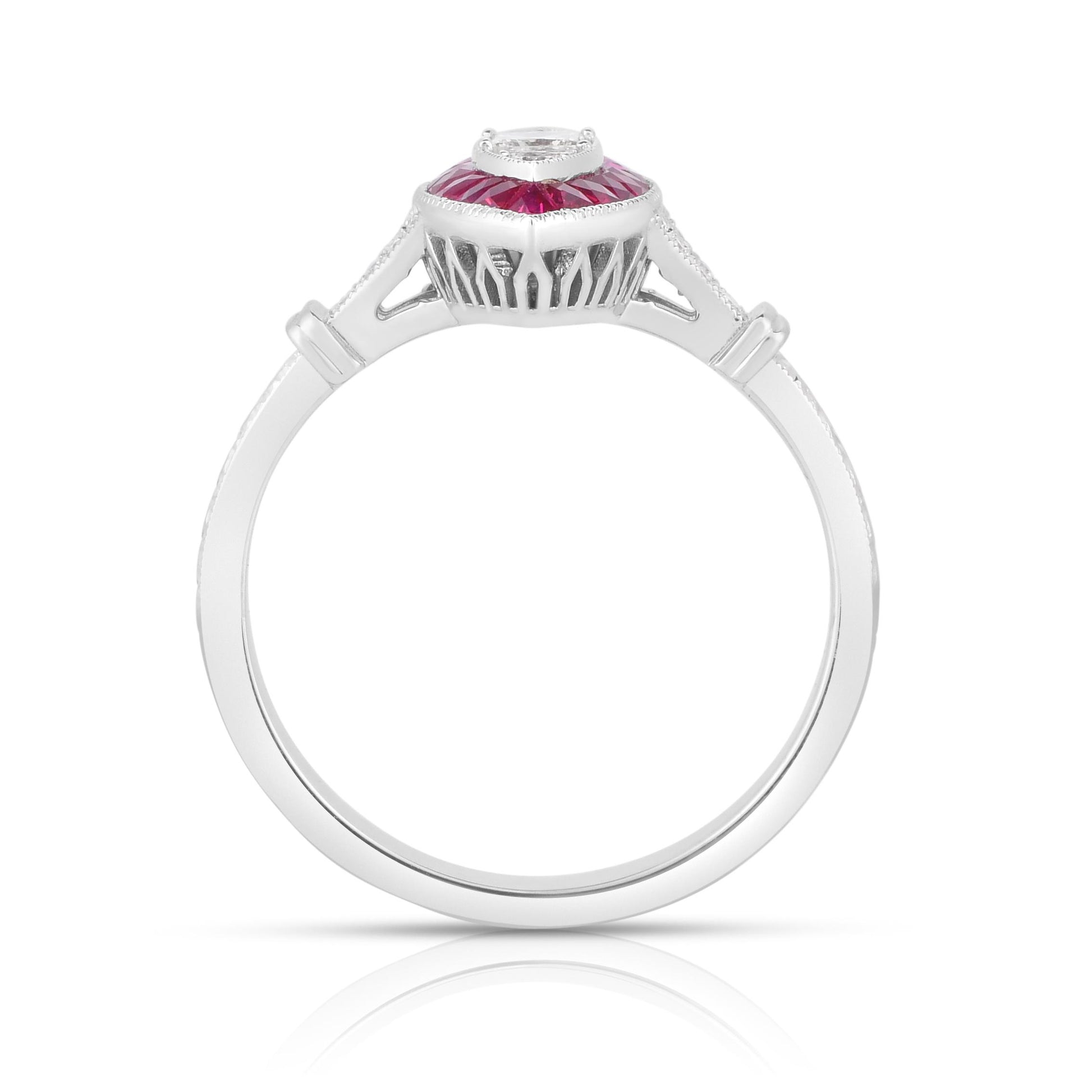 18K (750) White Gold Natural Diamond and Marquise Ruby Milgrain Ring
