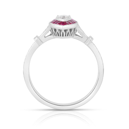 18K (750) White Gold Natural Diamond and Marquise Ruby Milgrain Ring