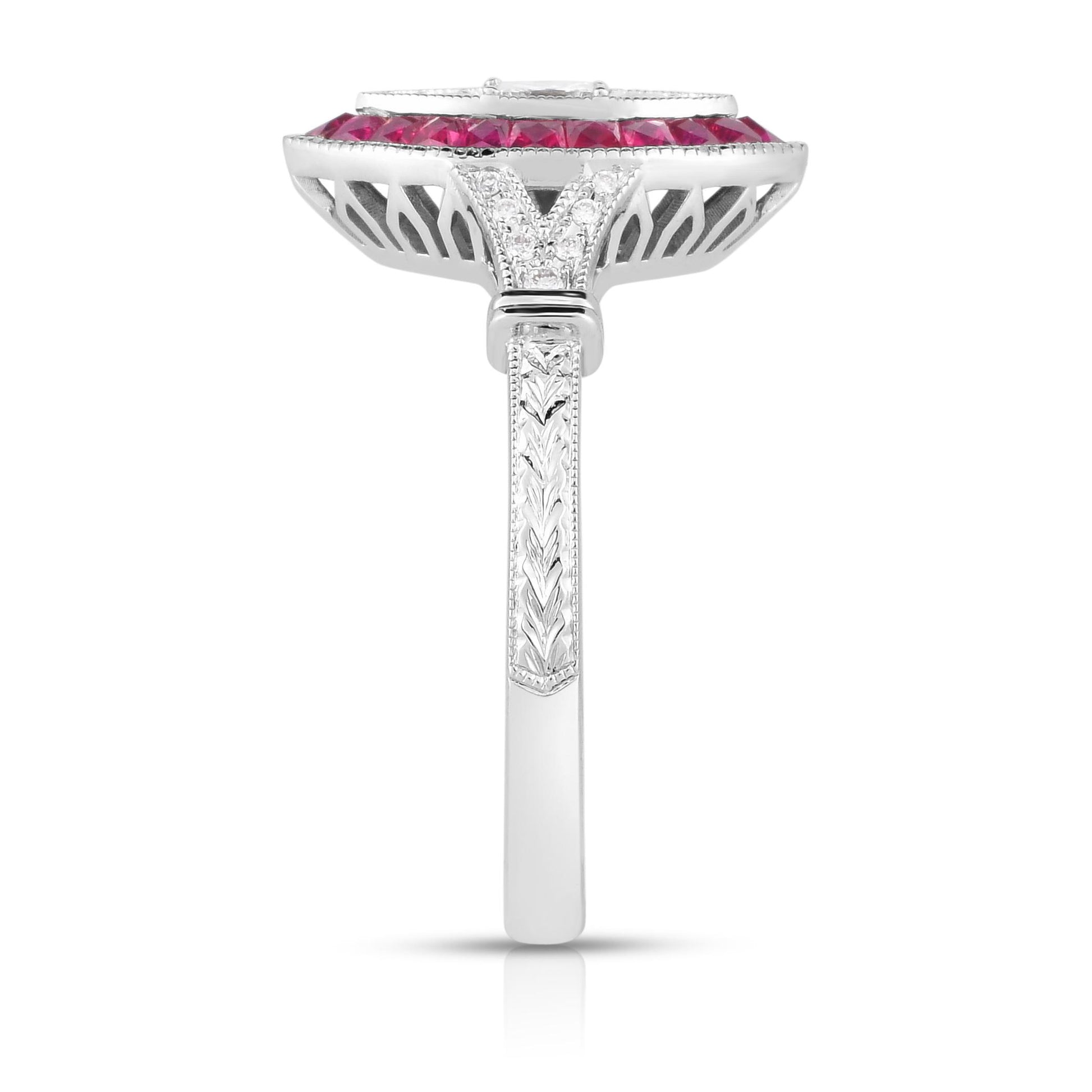 18K (750) White Gold Natural Diamond and Marquise Ruby Milgrain Ring