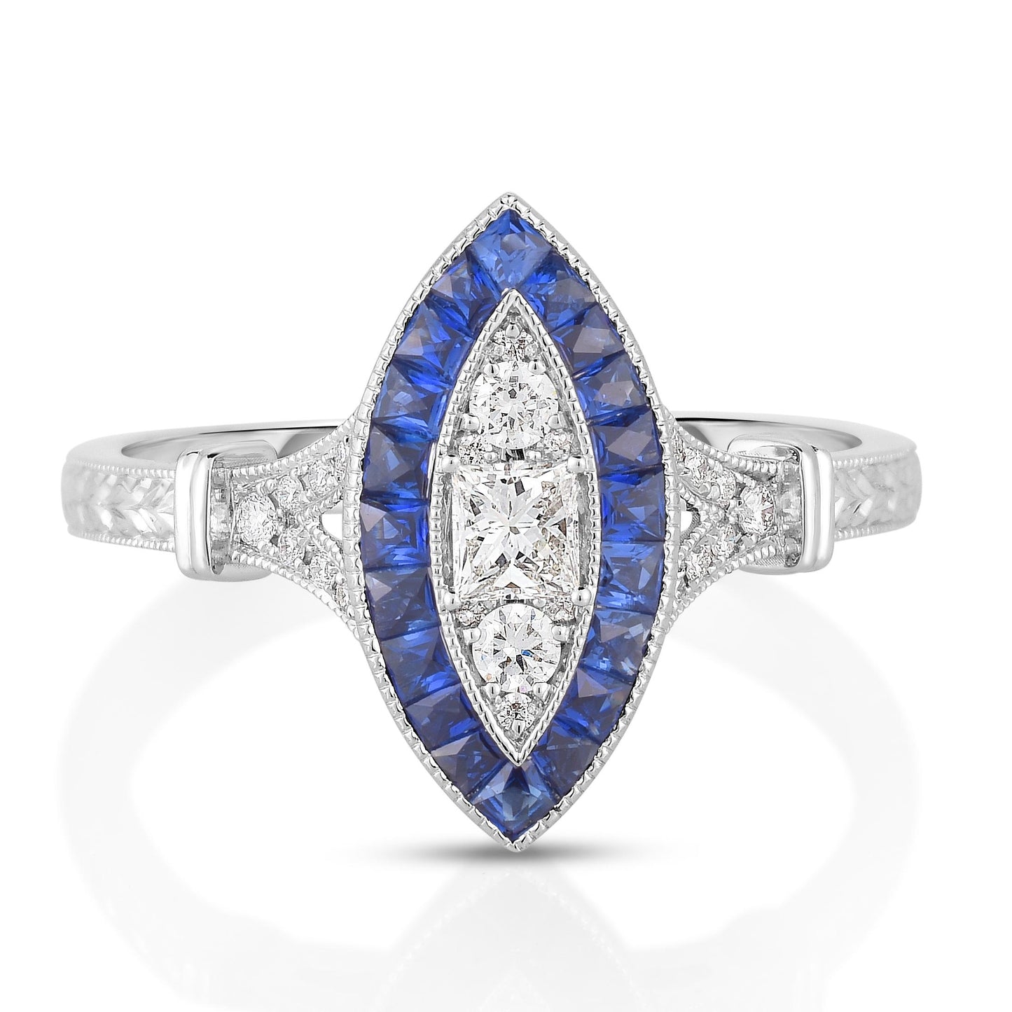 18K (750) White Gold Natural Diamond and Sapphire Marquise Milgrain Ring