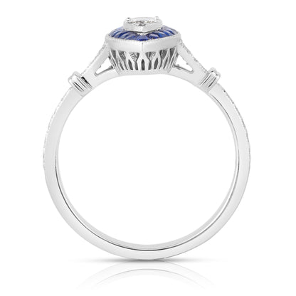 18K (750) White Gold Natural Diamond and Sapphire Marquise Milgrain Ring