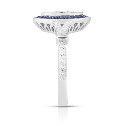 18K (750) White Gold Natural Diamond and Sapphire Marquise Milgrain Ring