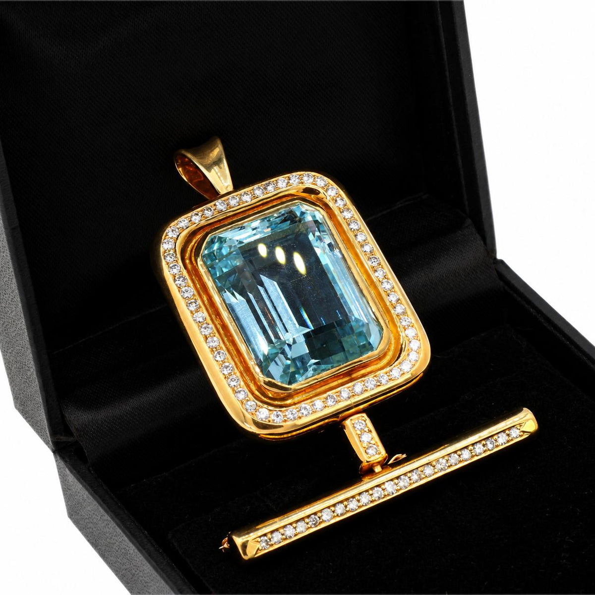 GIA 60 Ct Aquamarine and 4 Ct Diamond 18K Yellow Gold Convertible Pendant Brooch