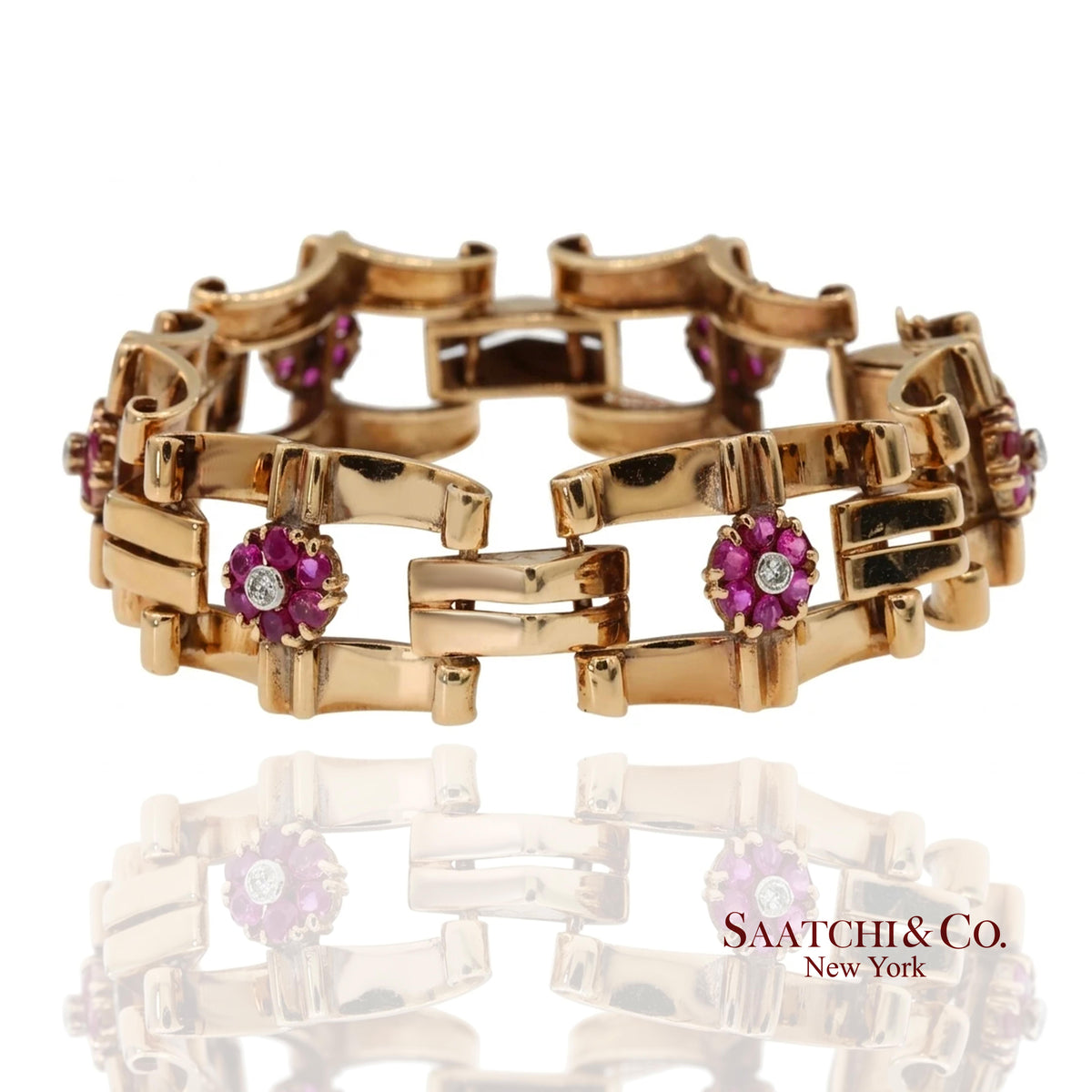 Vintage 0.15 Ct Natural Diamond and 1.20 Ct Ruby Bracelet in 14K Rose Gold
