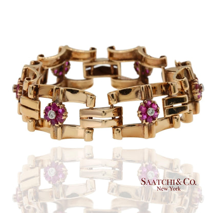 Vintage 0.15 Ct Natural Diamond and 1.20 Ct Ruby Bracelet in 14K Rose Gold