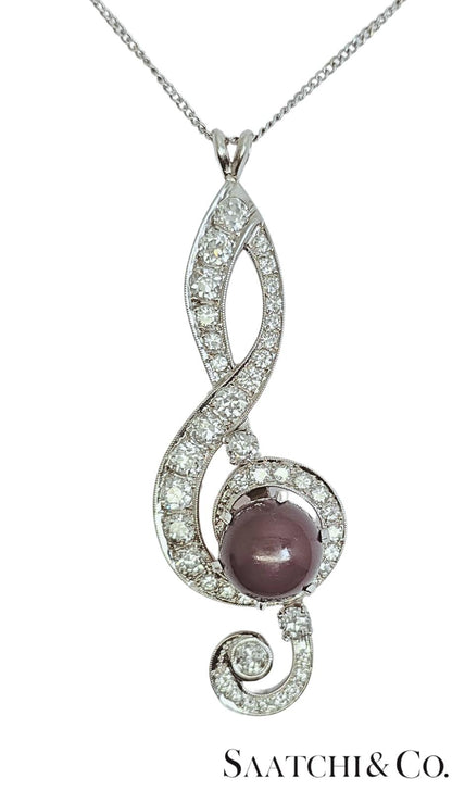 Black Pearl, 14K(585) white gold Pendant, Natural Diamond, Musical g Clef symbol