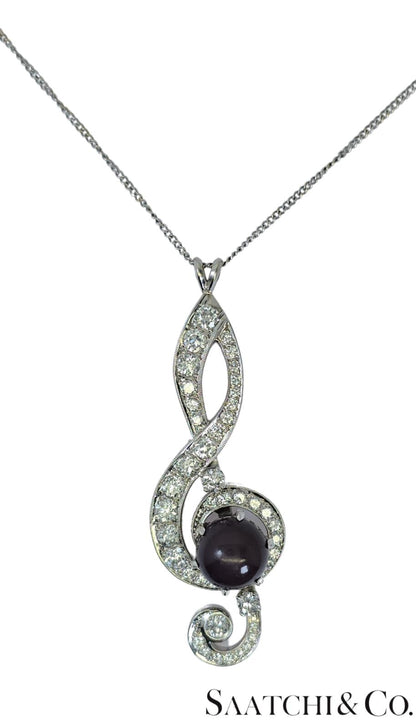 Black Pearl, 14K(585) white gold Pendant, Natural Diamond, Musical g Clef symbol