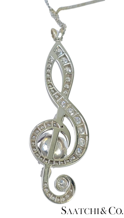 Black Pearl, 14K(585) white gold Pendant, Natural Diamond, Musical g Clef symbol