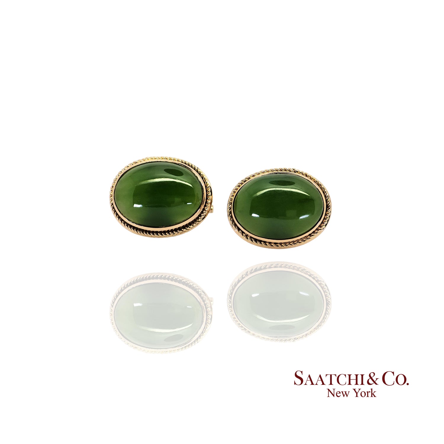 12K Yellow Gold - Natural Green Jade Cabochon Cut: cufflinks