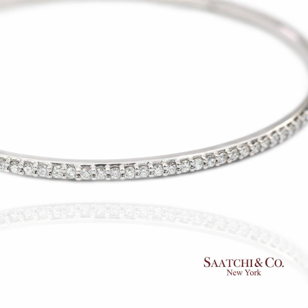 14K (585) Solid White Gold All Around Natural Diamond Bangle Bracelet