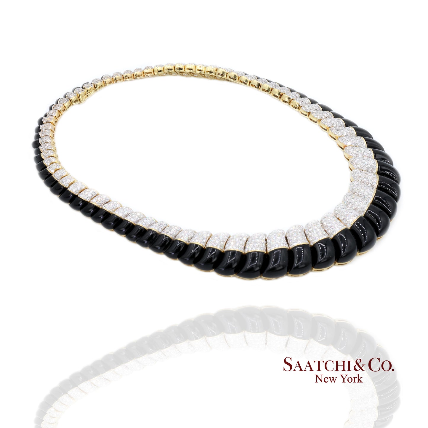 18K White & Yellow Gold Black Natural Onyx Necklace with Natural White Diamonds