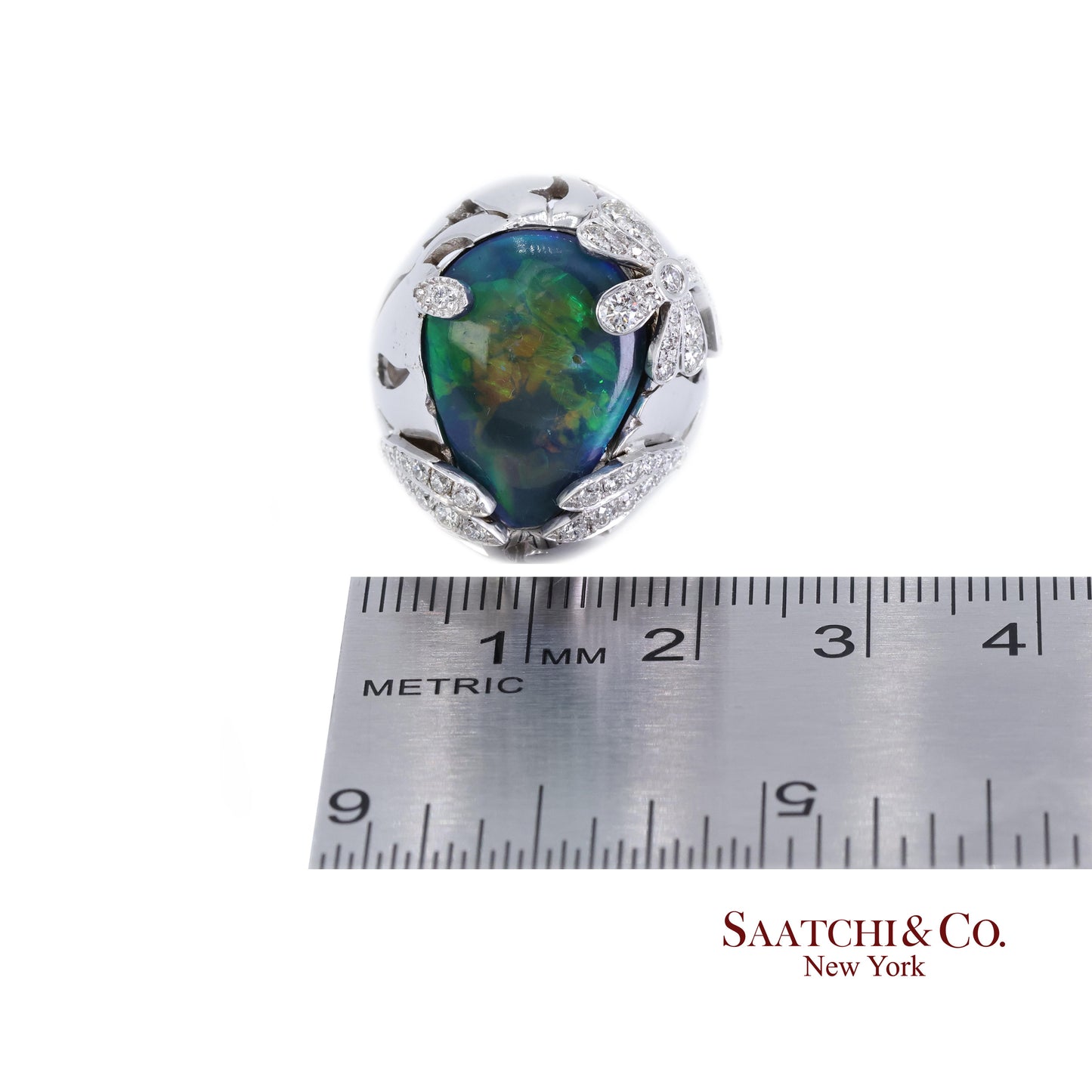 18K (750) White Gold Natural Pear Opal and Diamond Wide Ring
