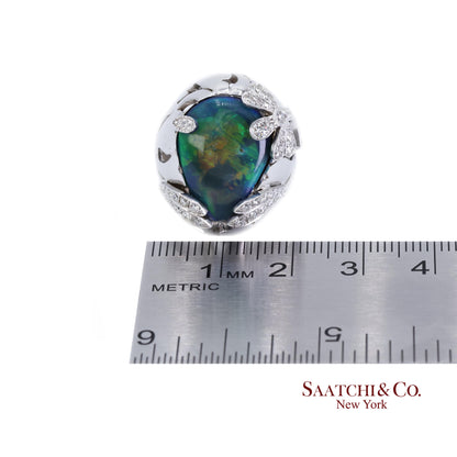 18K (750) White Gold Natural Pear Opal and Diamond Wide Ring