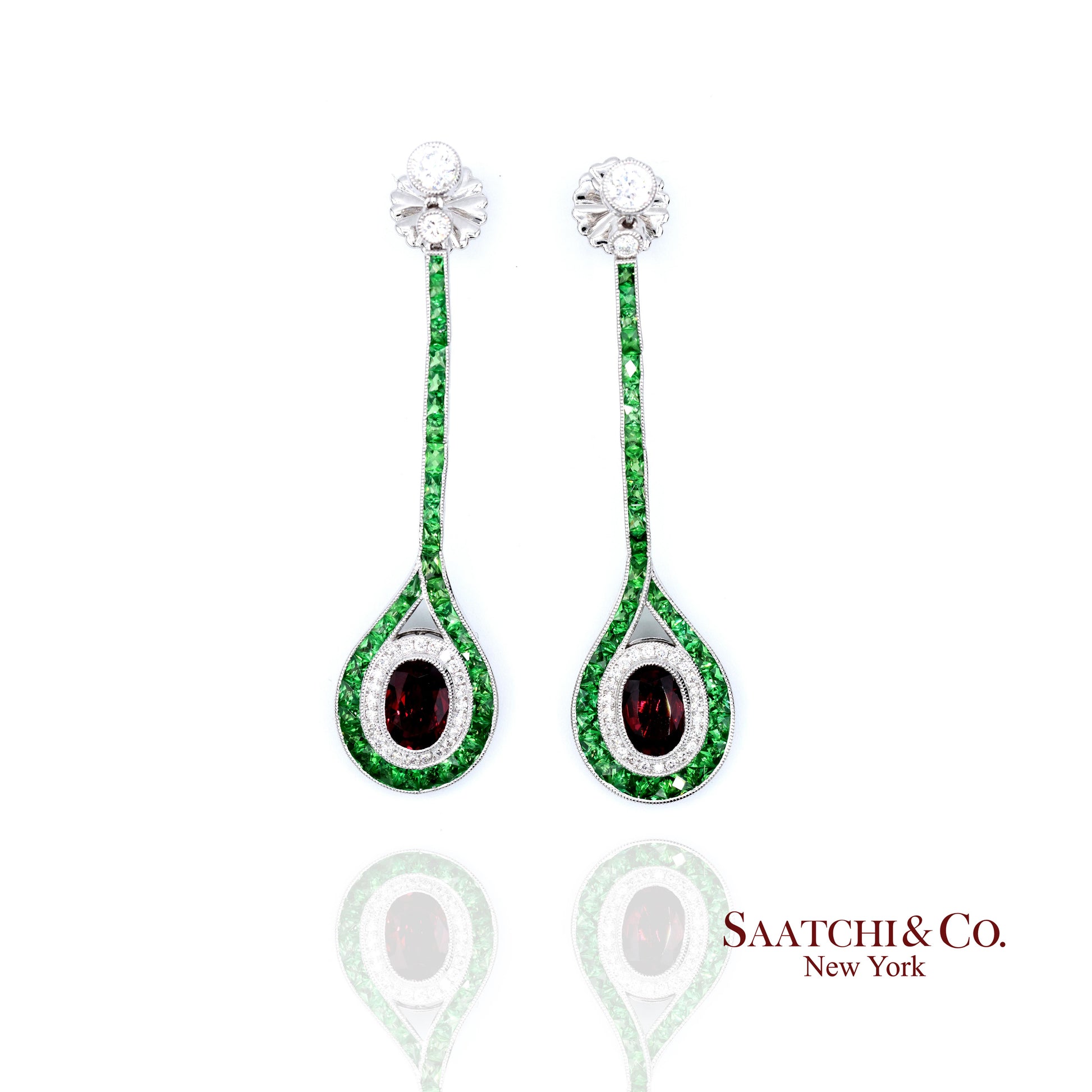 Platinum 950 Dangling Natural Ruby Emerald and Diamond Earring