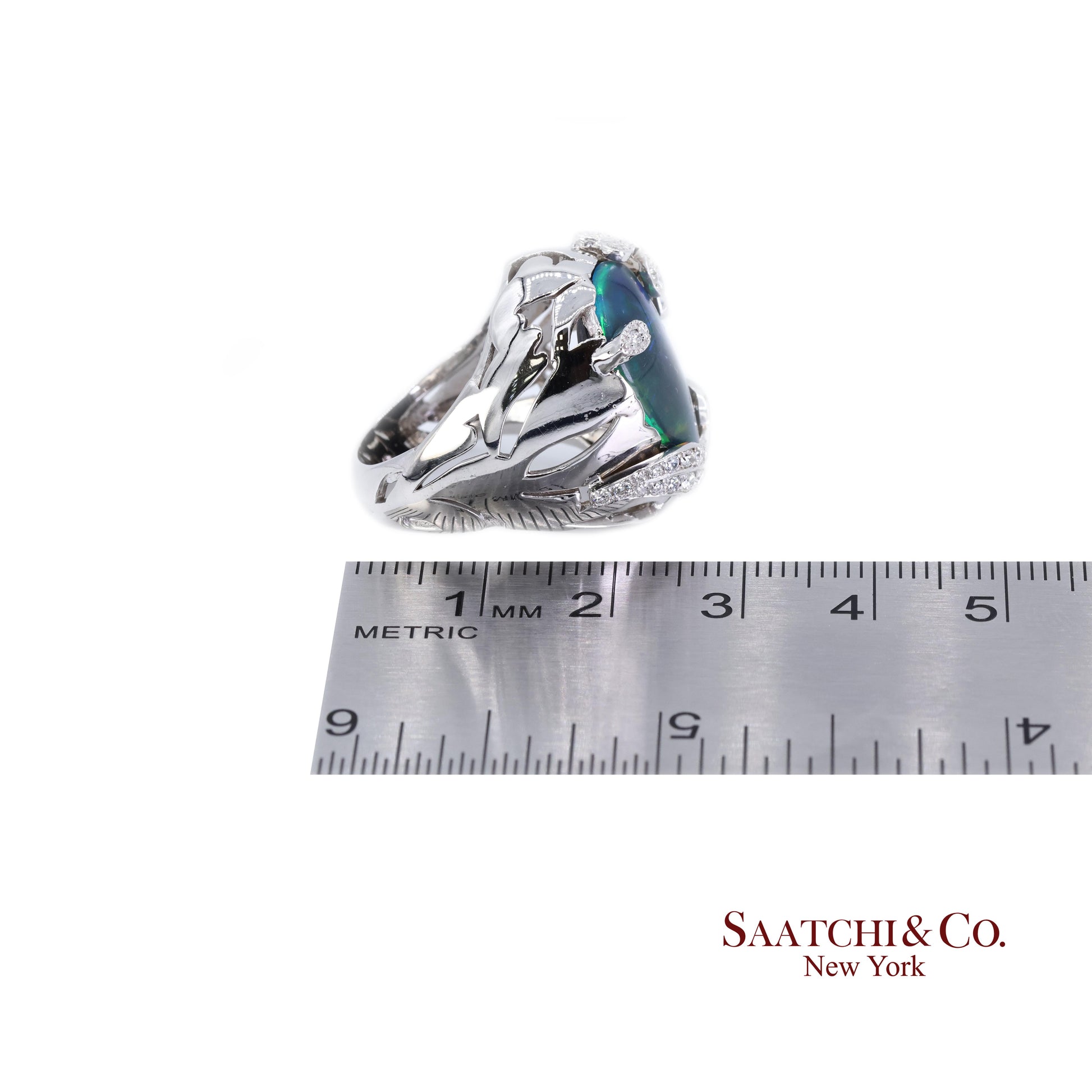 18K (750) White Gold Natural Pear Opal and Diamond Wide Ring