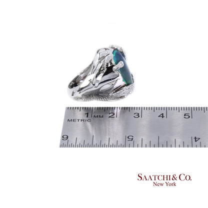 18K (750) White Gold Natural Pear Opal and Diamond Wide Ring