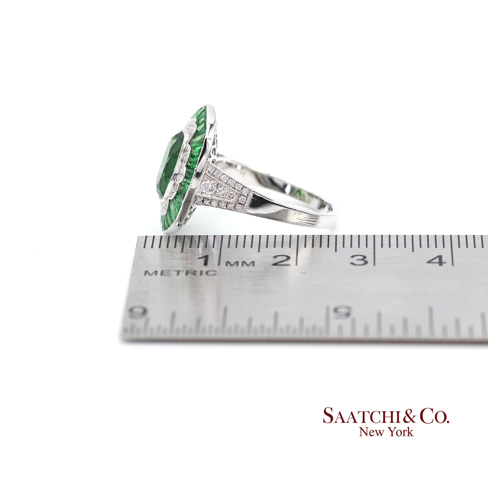 18K(750) White Gold Natural Brilliant Diamond and Tsavorite Ring