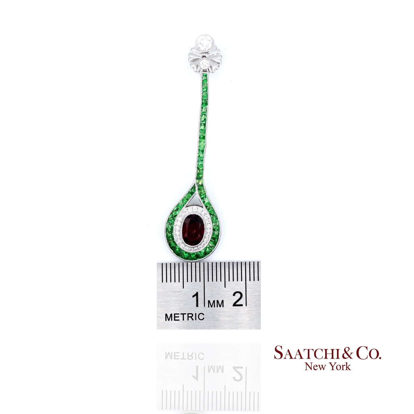 Platinum 950 Dangling Natural Ruby Emerald and Diamond Earring