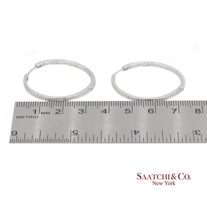18K White Gold Natural Diamond Hoop Earrings In and Out Diamond
