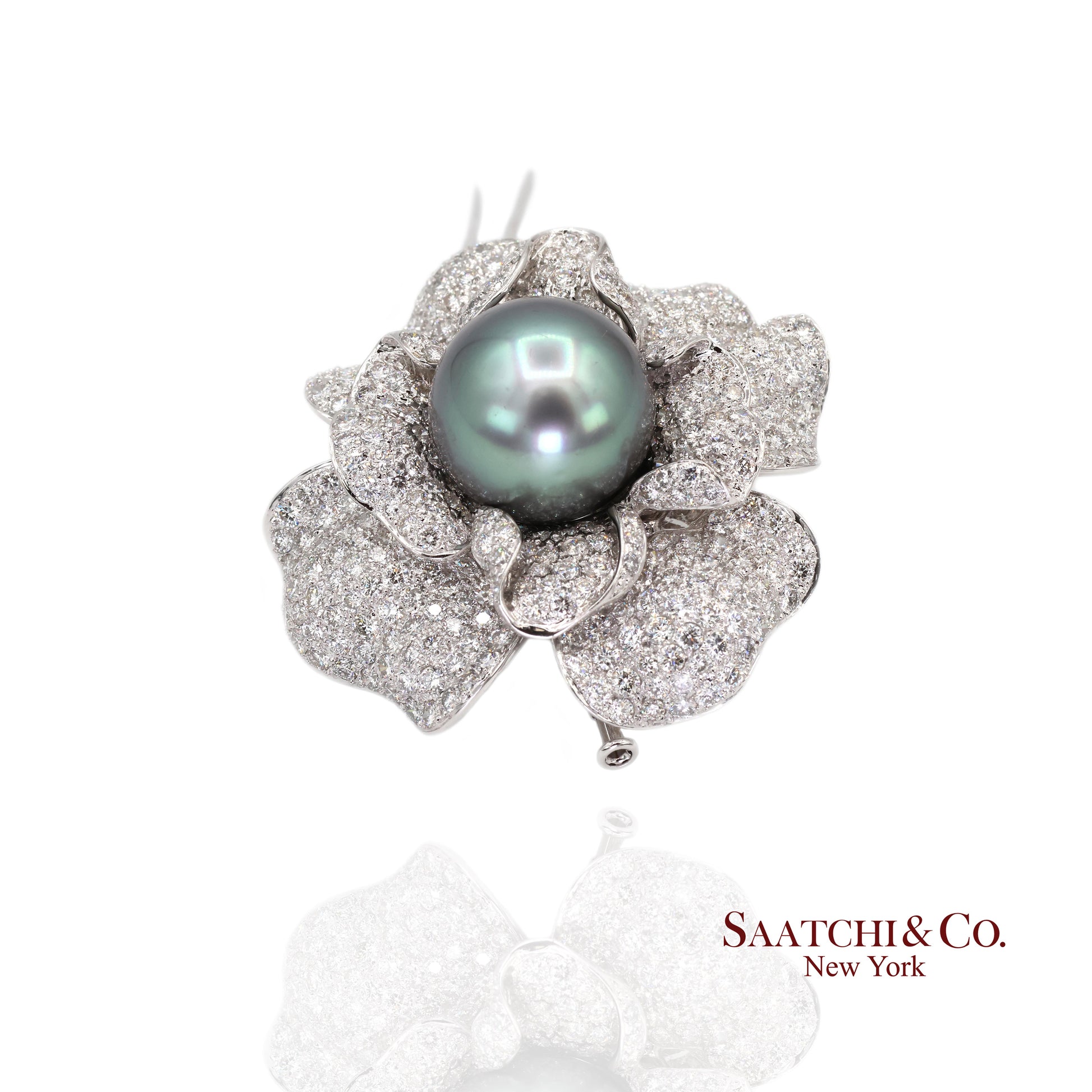 18K(750) White Natural Diamond and Black Pearl Brooch/Pin/Pendant/Necklace