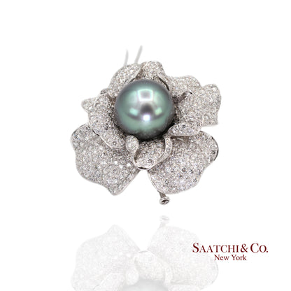 18K(750) White Natural Diamond and Black Pearl Brooch/Pin/Pendant/Necklace