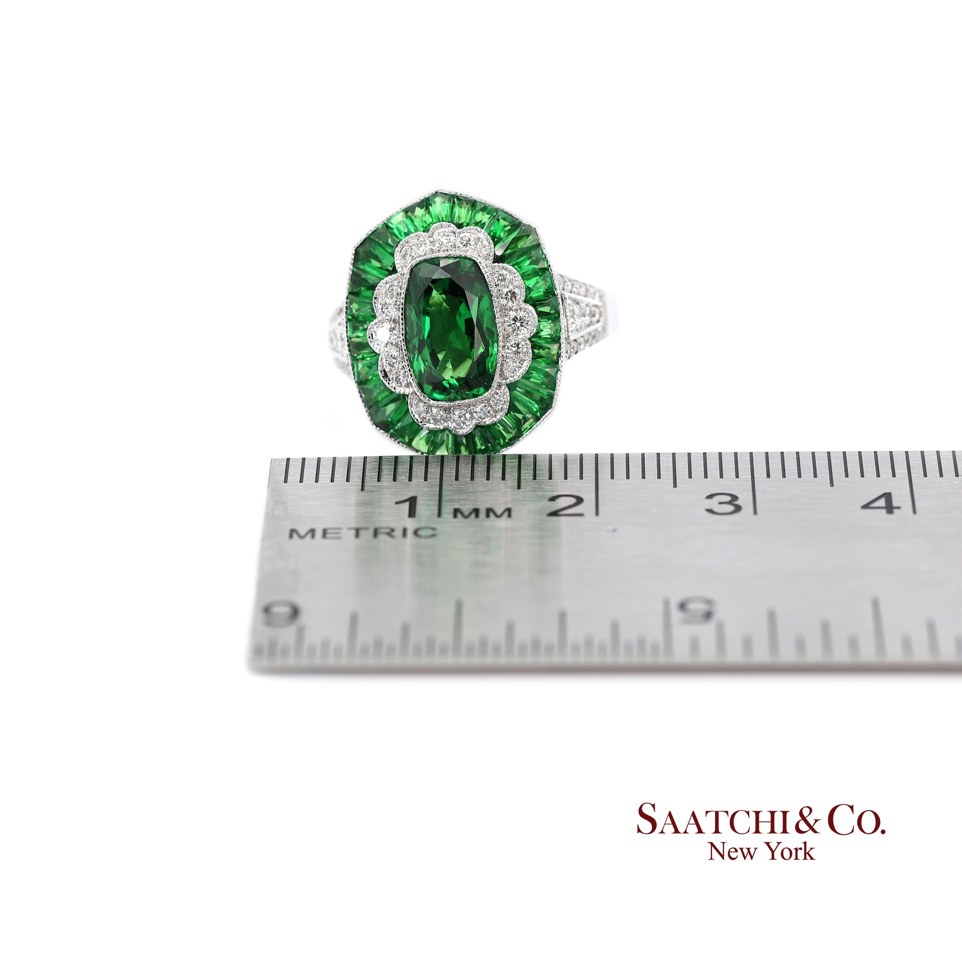 18K(750) White Gold Natural Brilliant Diamond and Tsavorite Ring