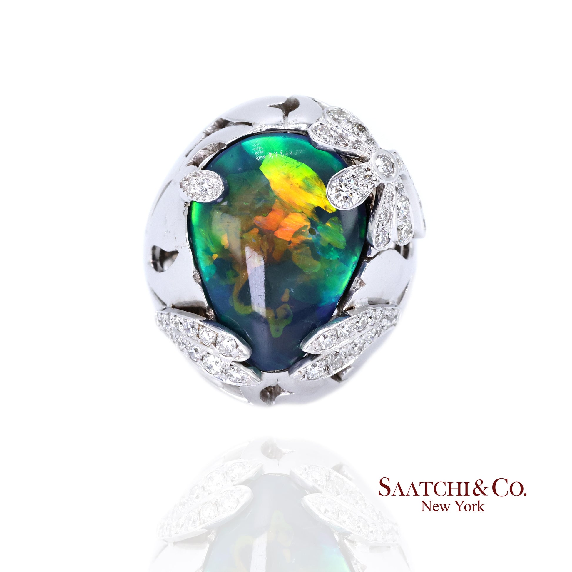 18K (750) White Gold Natural Pear Opal and Diamond Wide Ring