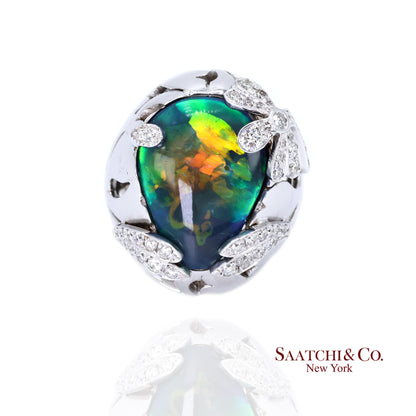 18K (750) White Gold Natural Pear Opal and Diamond Wide Ring