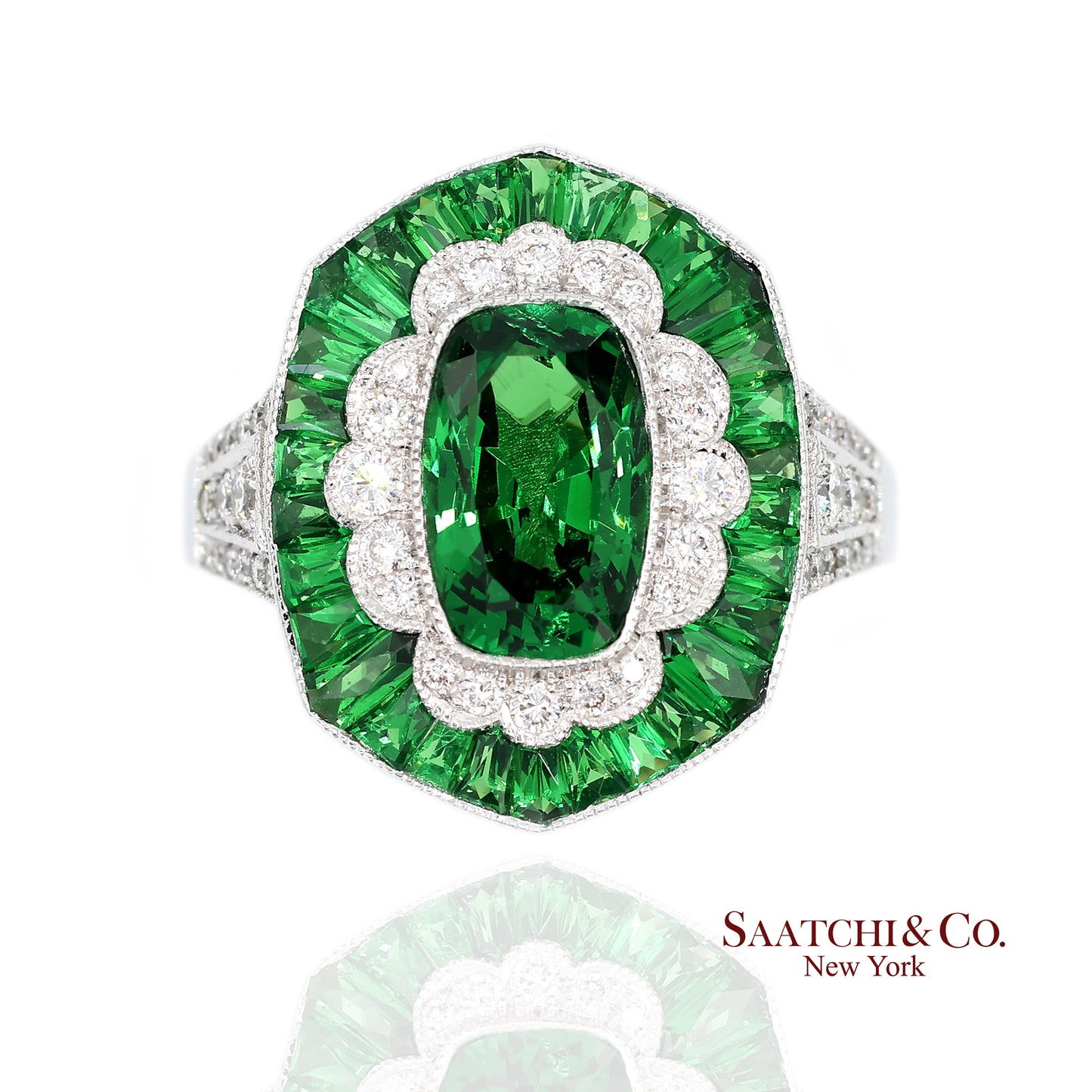 18K(750) White Gold Natural Brilliant Diamond and Tsavorite Ring