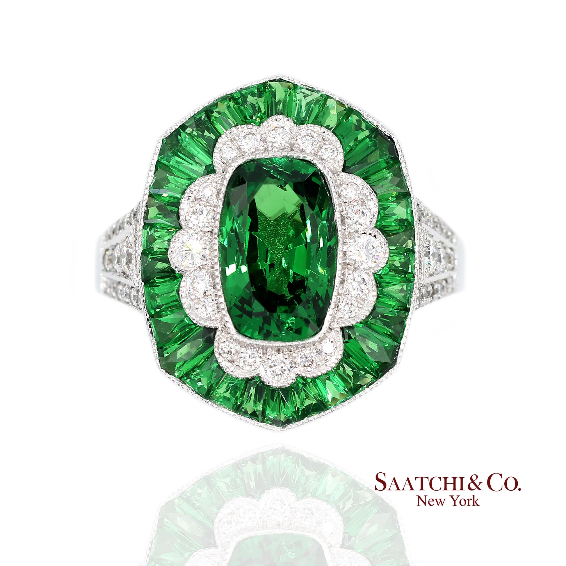 18K(750) White Gold Natural Brilliant Diamond and Tsavorite Ring