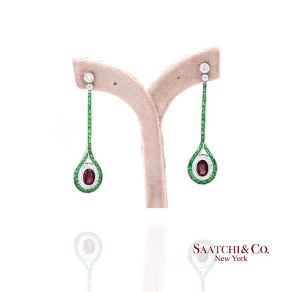 Platinum 950 Dangling Natural Ruby Emerald and Diamond Earring